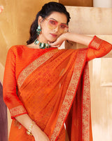 Vishal Prints Dark Orange Georgette Saree With Foil Print And Zari Border