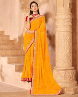 Vishal Prints Golden Yellow Georgette Saree With Foil Print And Zari Border