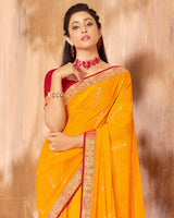 Vishal Prints Golden Yellow Georgette Saree With Foil Print And Zari Border