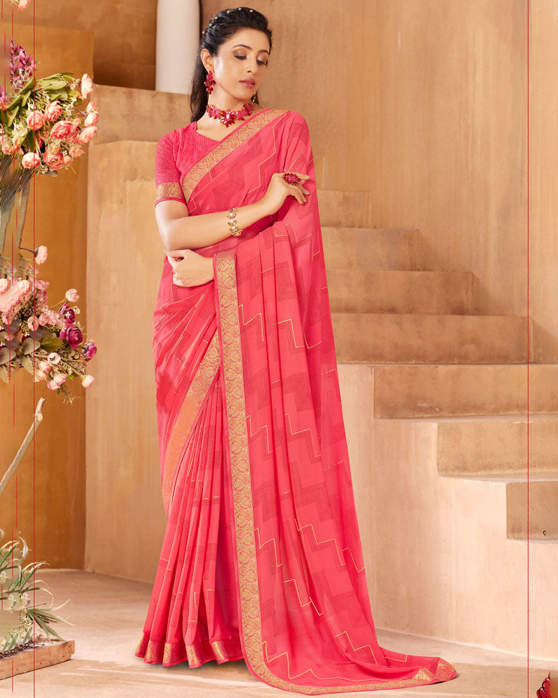 Vishal Prints Red Pink Georgette Saree With Foil Print And Zari Border