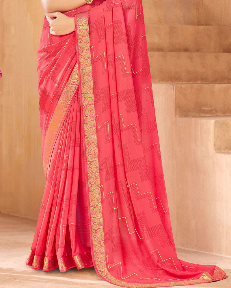 Vishal Prints Red Pink Georgette Saree With Foil Print And Zari Border