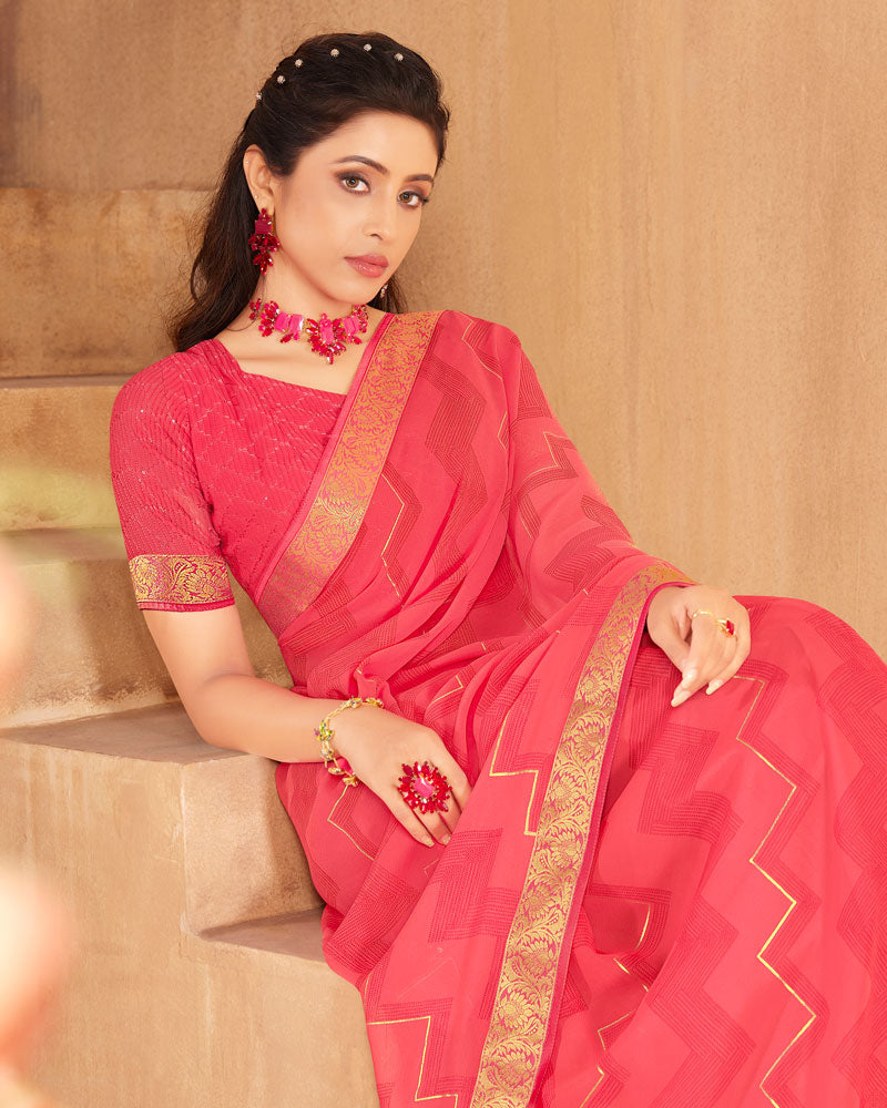 Vishal Prints Red Pink Georgette Saree With Foil Print And Zari Border