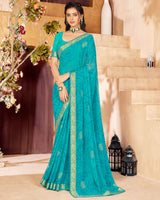 Vishal Prints Dark Turquoise Blue Georgette Saree With Foil Print And Zari Border