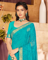 Vishal Prints Dark Turquoise Blue Georgette Saree With Foil Print And Zari Border