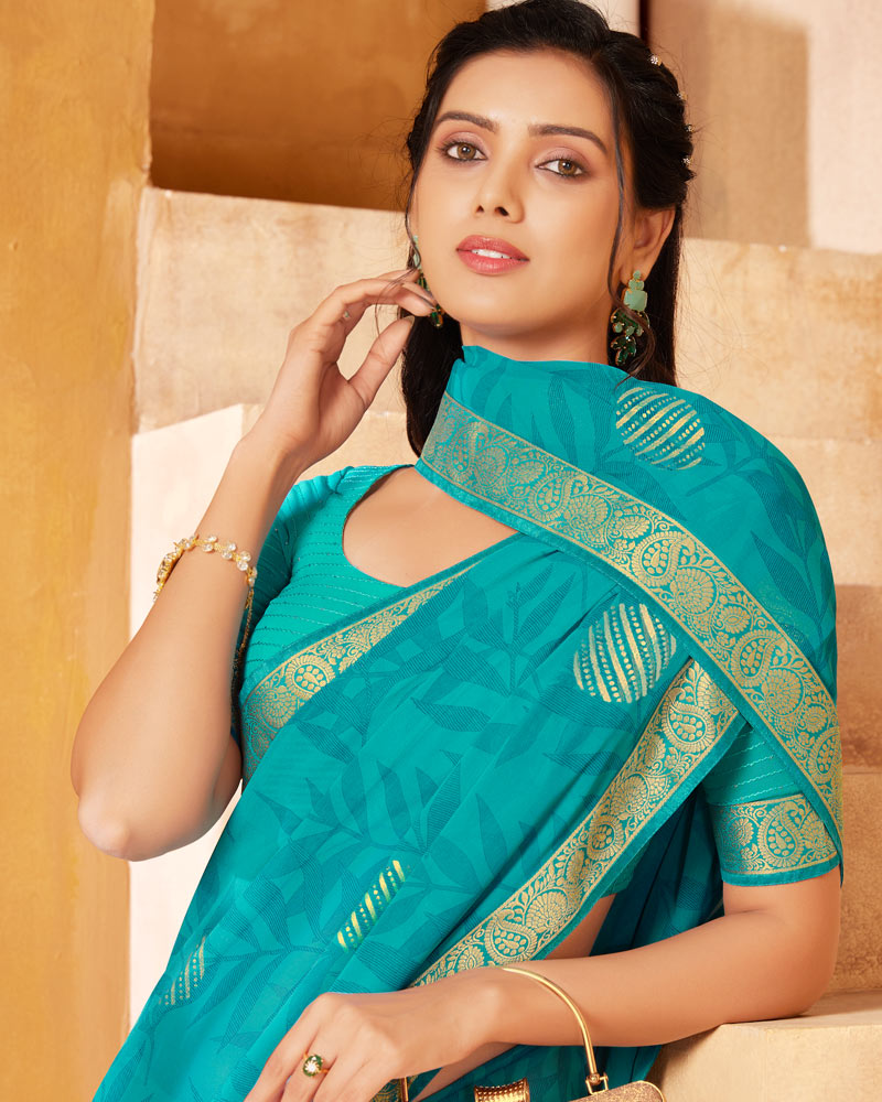 Vishal Prints Dark Turquoise Blue Georgette Saree With Foil Print And Zari Border