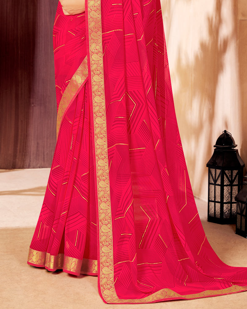 Vishal Prints Red Pink Georgette Saree With Foil Print And Zari Border