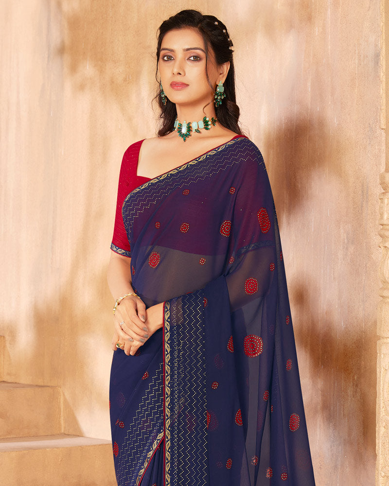 Vishal Prints Navy Blue Georgette Saree With Foil Print And Zari Border