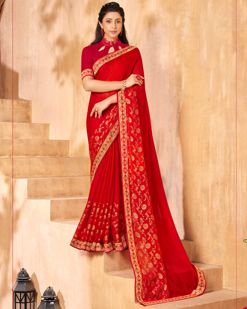 Vishal Prints Red Georgette Saree With Foil Print And Zari Border