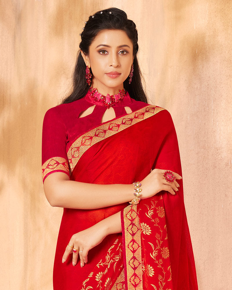 Vishal Prints Red Georgette Saree With Foil Print And Zari Border