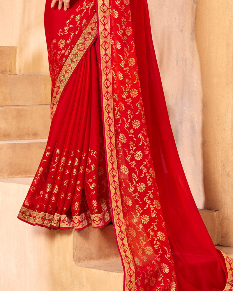 Vishal Prints Red Georgette Saree With Foil Print And Zari Border