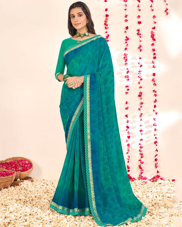Vishal Prints Dark Mint Green Printed Georgette Saree With Embroidery Zari Border
