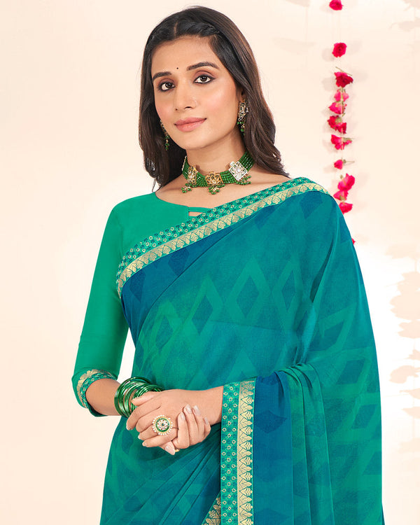 Vishal Prints Dark Mint Green Printed Georgette Saree With Embroidery Zari Border