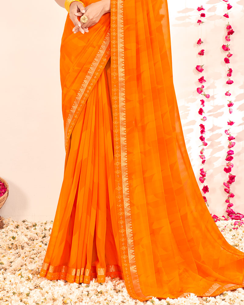 Vishal Prints Orange Printed Georgette Saree With Embroidery Zari Border