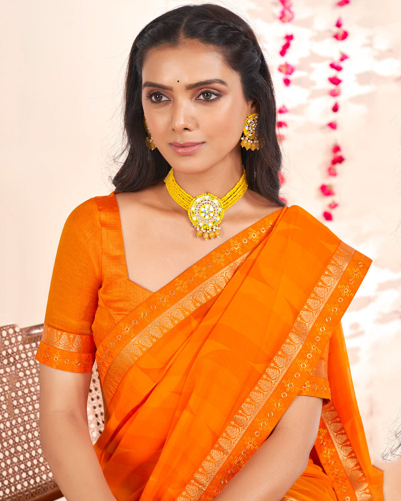 Vishal Prints Orange Printed Georgette Saree With Embroidery Zari Border