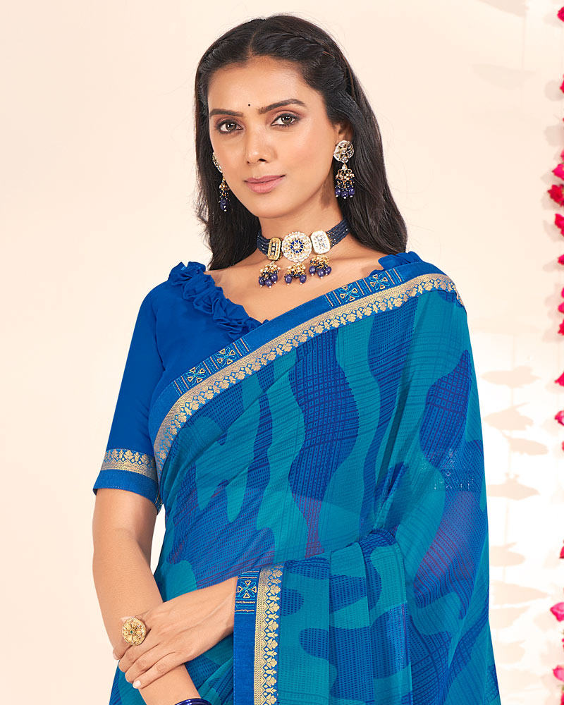 Vishal Prints Dark Blue Printed Georgette Saree With Embroidery Zari Border