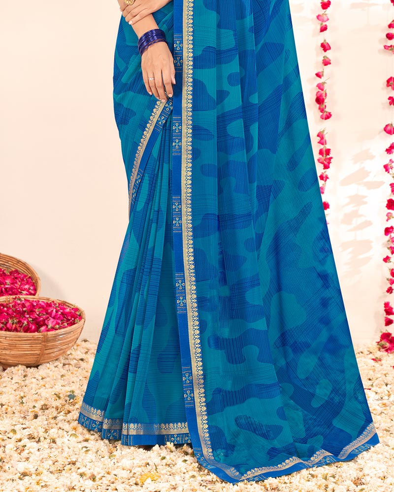 Vishal Prints Dark Blue Printed Georgette Saree With Embroidery Zari Border