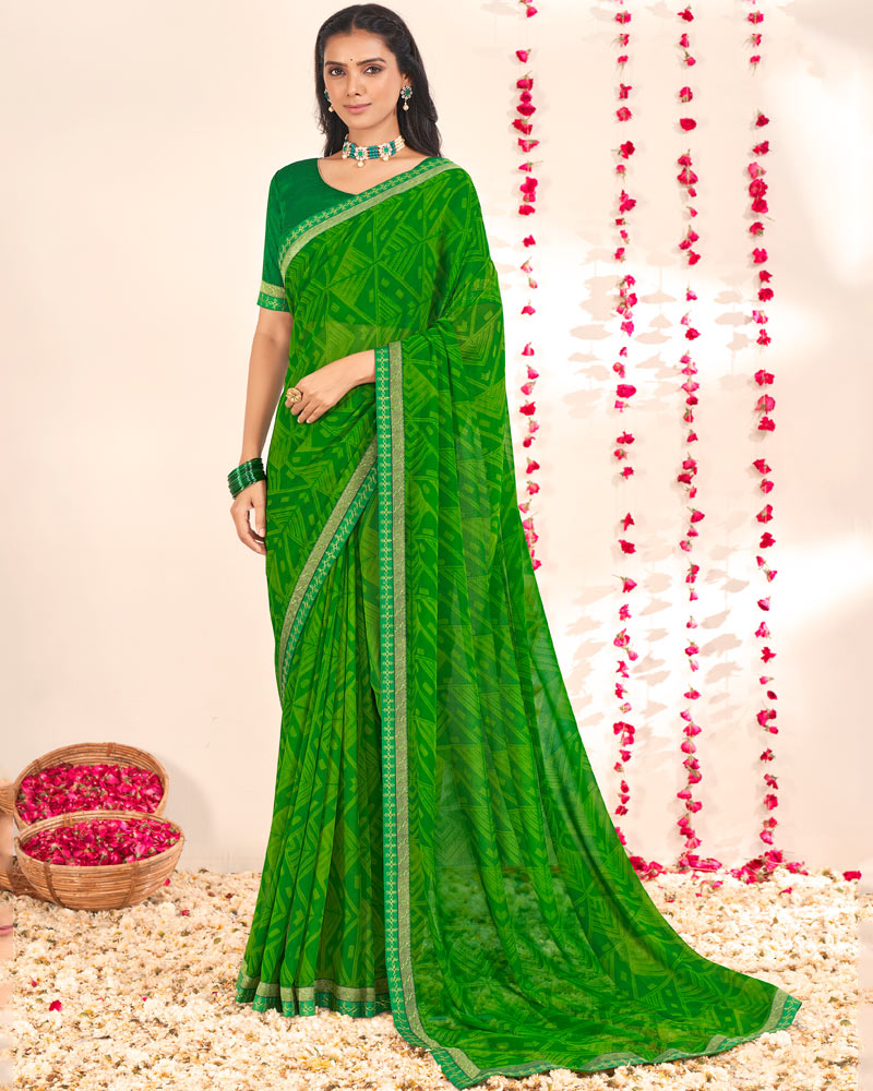 Vishal Prints Green Printed Georgette Saree With Embroidery Zari Border