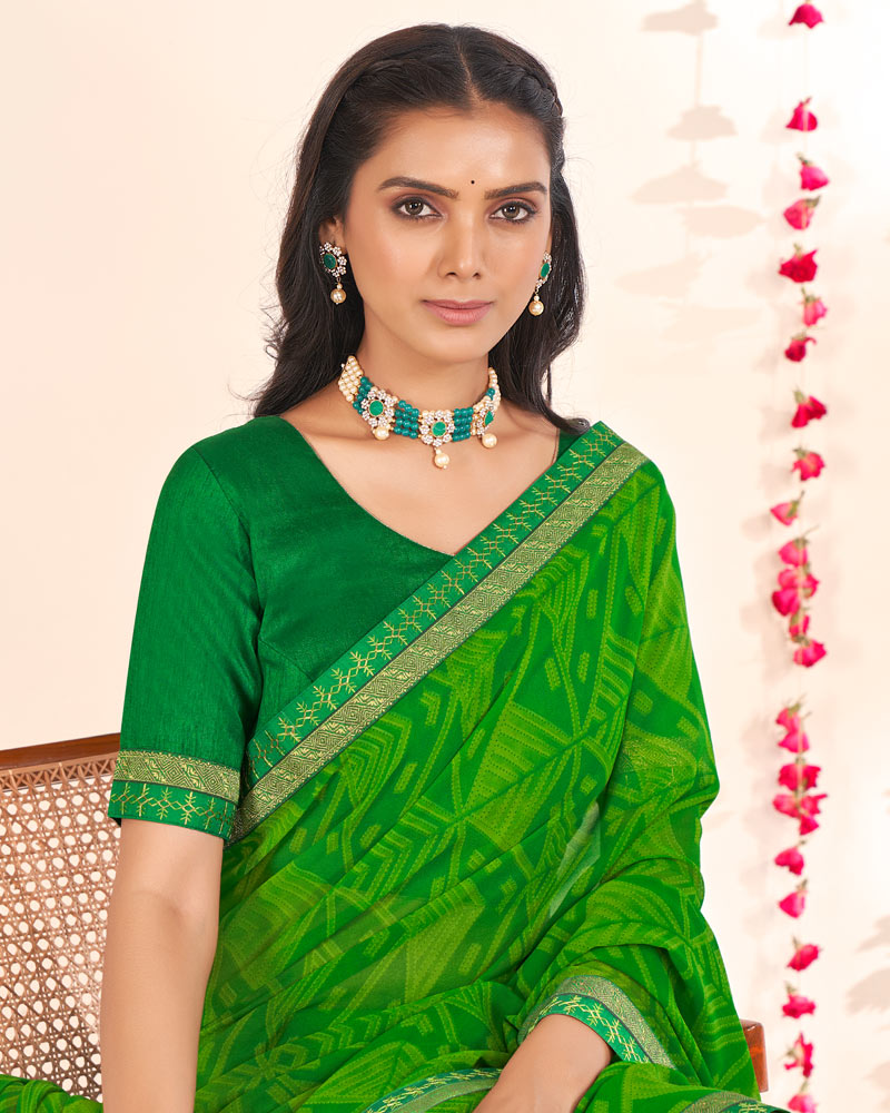 Vishal Prints Green Printed Georgette Saree With Embroidery Zari Border