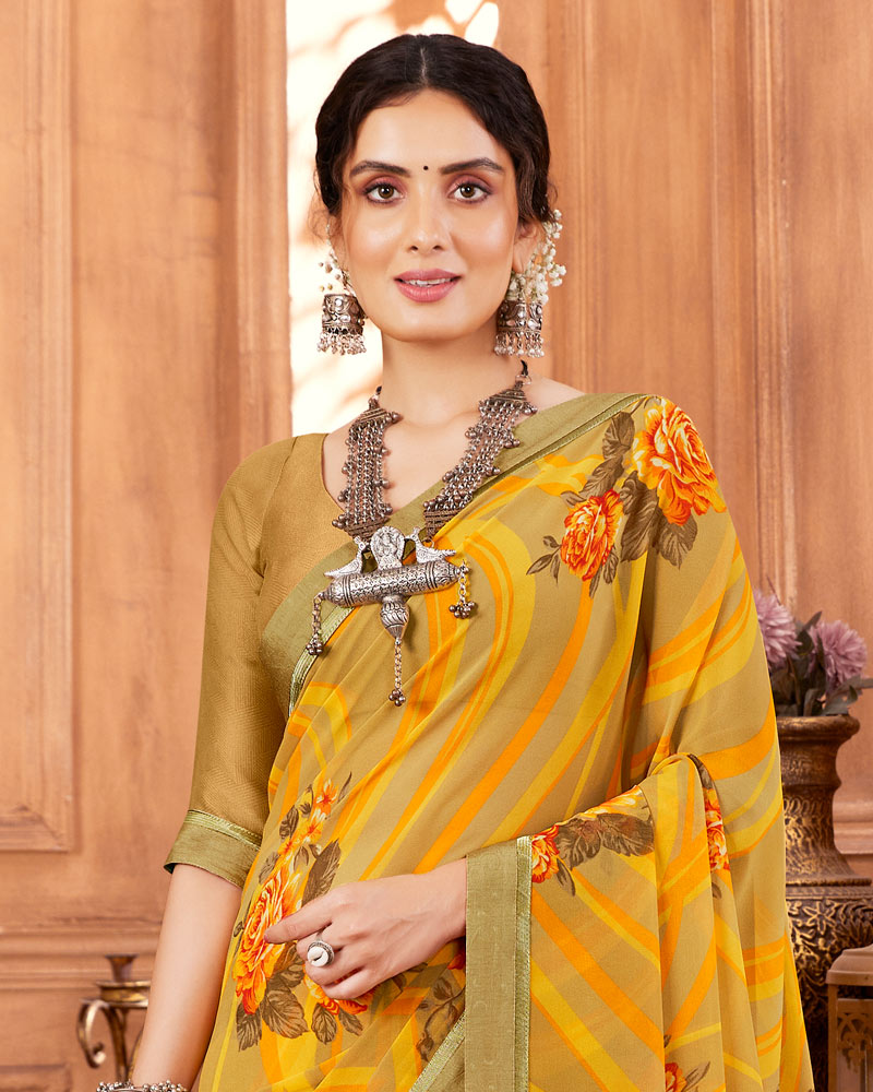 Vishal Prints Fawn Printed Georgette Saree With Fancy Border