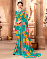 Vishal Prints Dark Turquoise Blue Printed Georgette Saree With Fancy Border