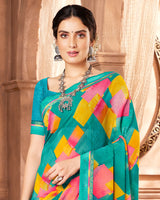 Vishal Prints Dark Turquoise Blue Printed Georgette Saree With Fancy Border