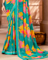 Vishal Prints Dark Turquoise Blue Printed Georgette Saree With Fancy Border
