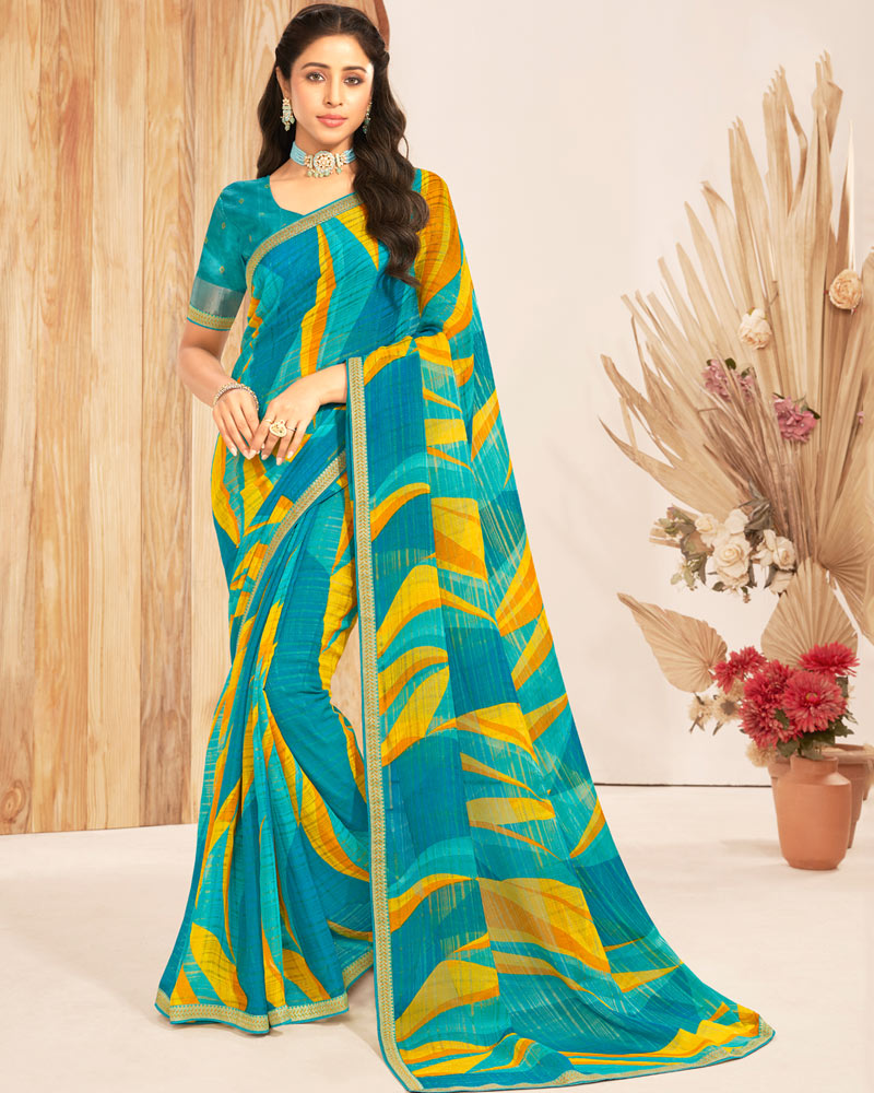 Vishal Prints Multi Blue Patterned Chiffon Printed Saree With Foil Print And Zari Border