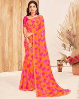 Vishal Prints Multi Pink Patterned Chiffon Printed Saree With Foil Print And Zari Border
