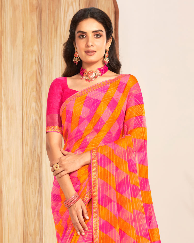 Vishal Prints Multi Pink Patterned Chiffon Printed Saree With Foil Print And Zari Border