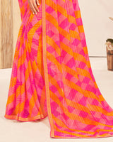 Vishal Prints Multi Pink Patterned Chiffon Printed Saree With Foil Print And Zari Border