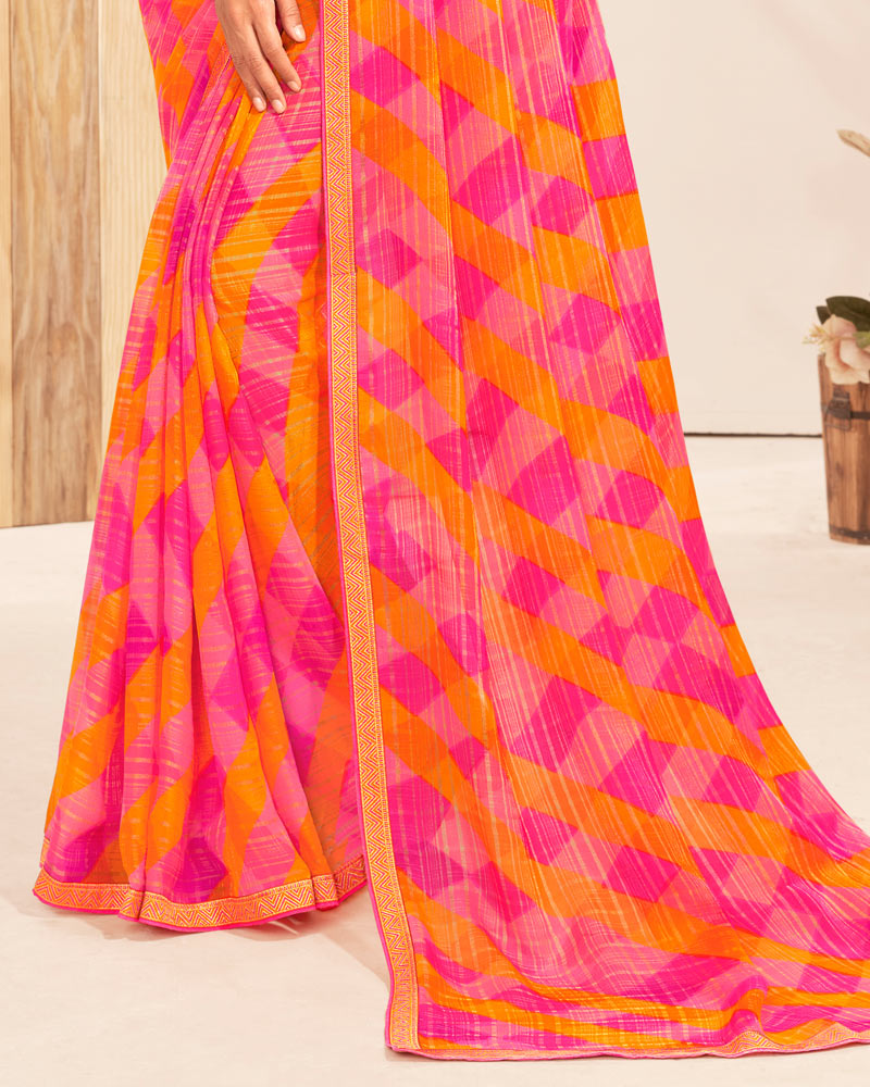 Vishal Prints Multi Pink Patterned Chiffon Printed Saree With Foil Print And Zari Border