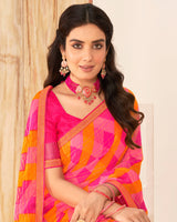 Vishal Prints Multi Pink Patterned Chiffon Printed Saree With Foil Print And Zari Border