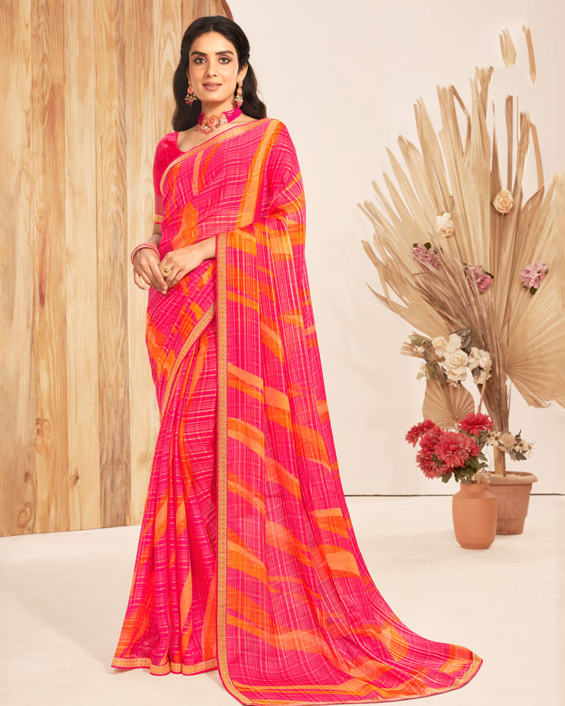 Vishal Prints Red Pink Patterned Chiffon Printed Saree With Foil Print And Zari Border