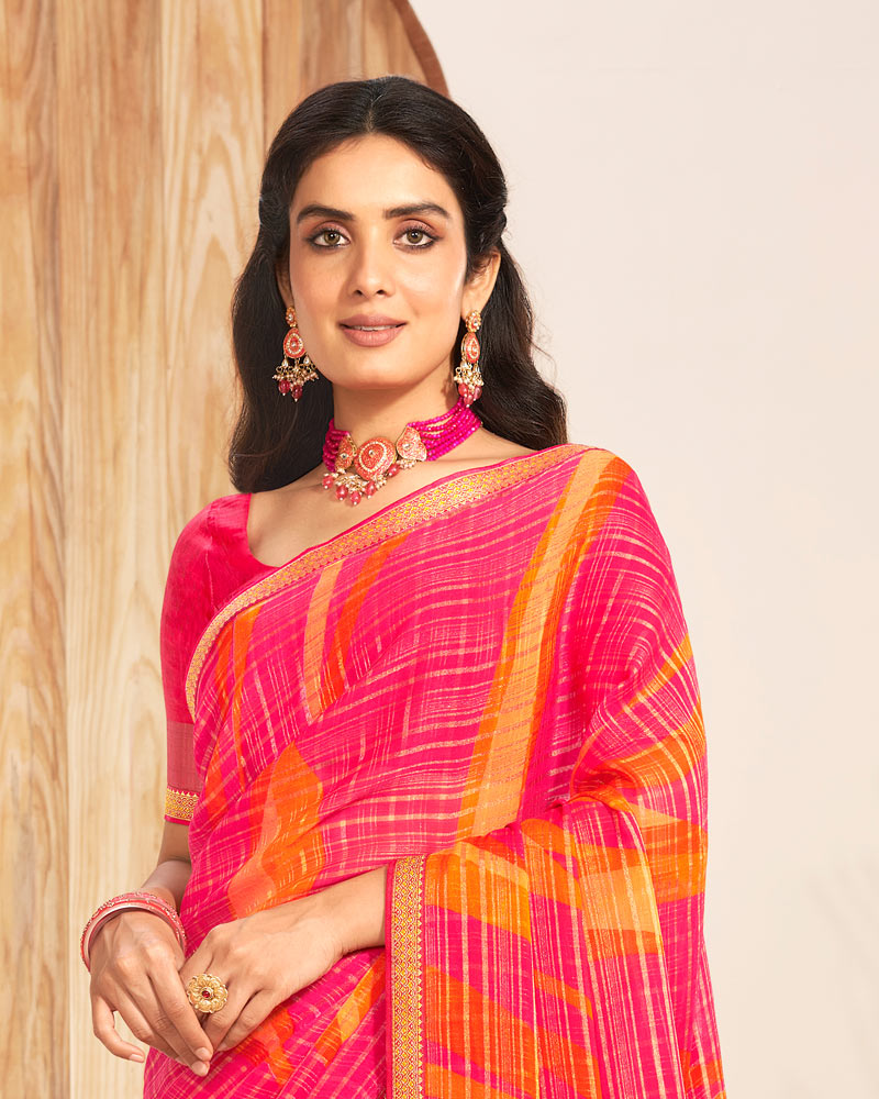 Vishal Prints Red Pink Patterned Chiffon Printed Saree With Foil Print And Zari Border