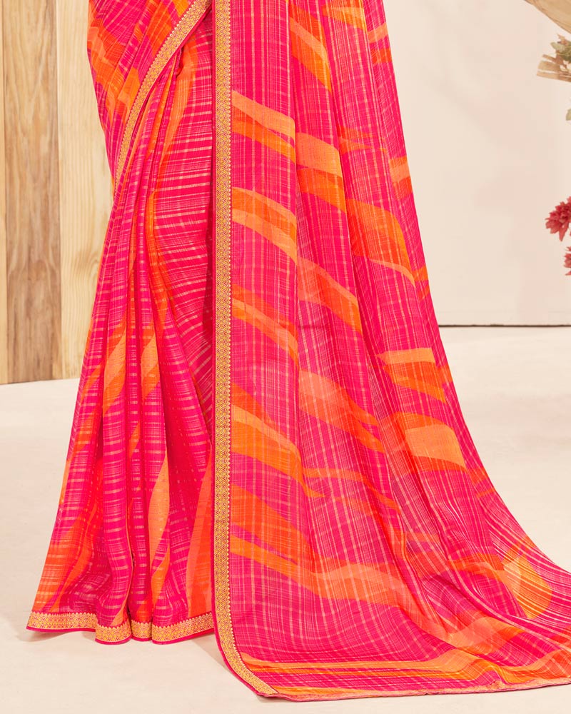 Vishal Prints Red Pink Patterned Chiffon Printed Saree With Foil Print And Zari Border
