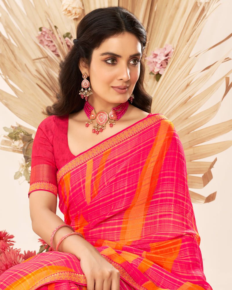 Vishal Prints Red Pink Patterned Chiffon Printed Saree With Foil Print And Zari Border