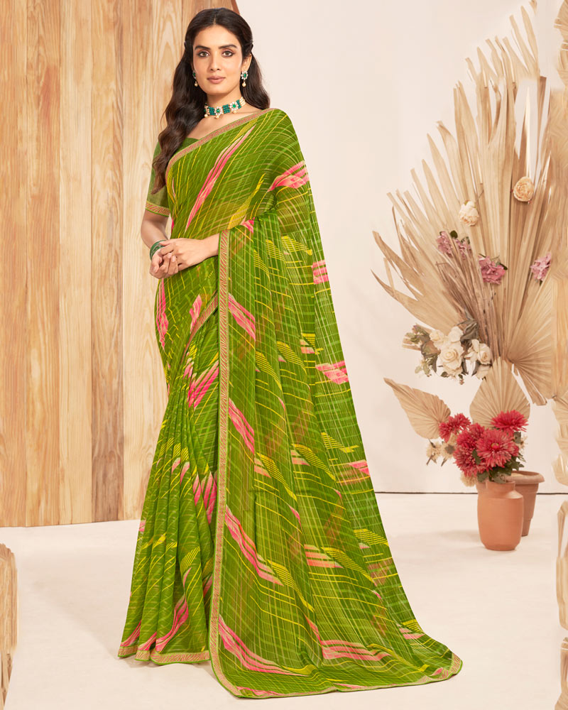 Vishal Prints Olive Green Patterned Chiffon Printed Saree With Foil Print And Zari Border