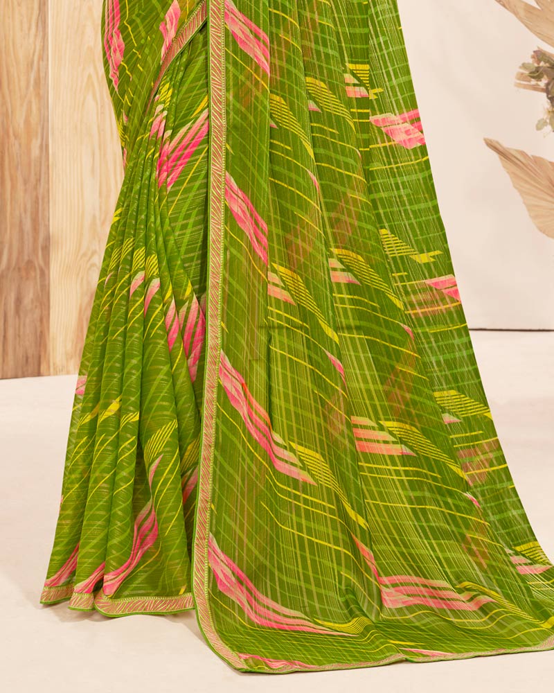 Vishal Prints Olive Green Patterned Chiffon Printed Saree With Foil Print And Zari Border