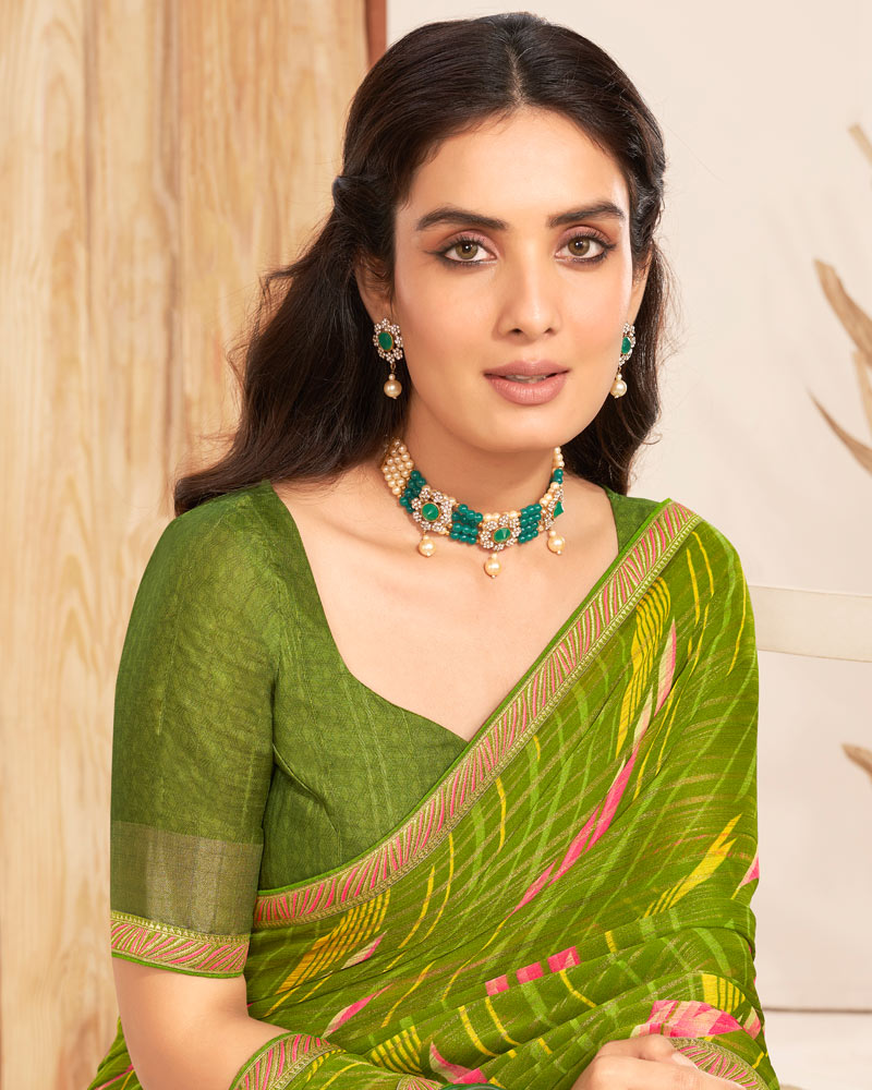 Vishal Prints Olive Green Patterned Chiffon Printed Saree With Foil Print And Zari Border