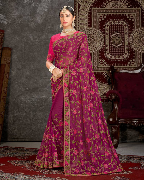 Vishal Prints Wine Fancy Chiffon Embroidery Work Saree With Core Piping