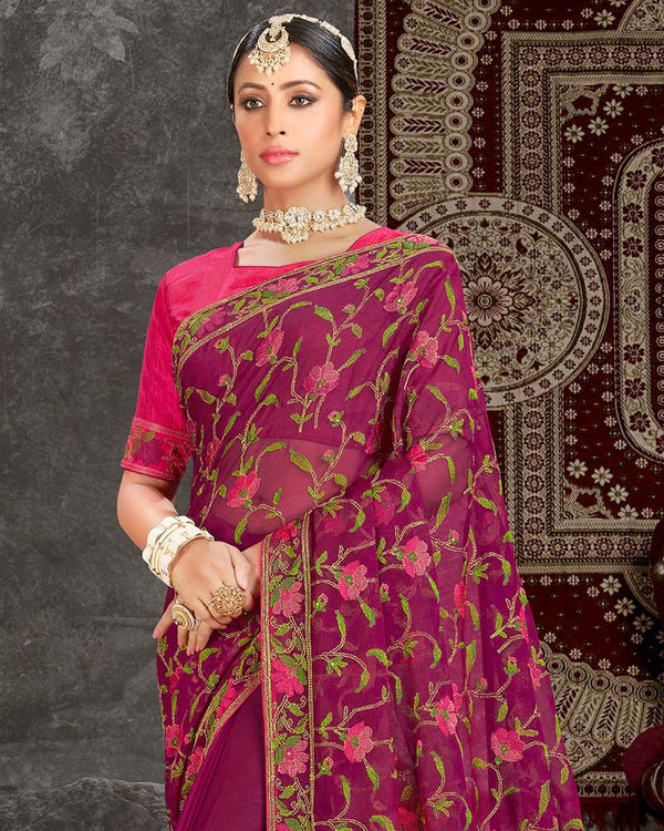 Vishal Prints Wine Fancy Chiffon Embroidery Work Saree With Core Piping