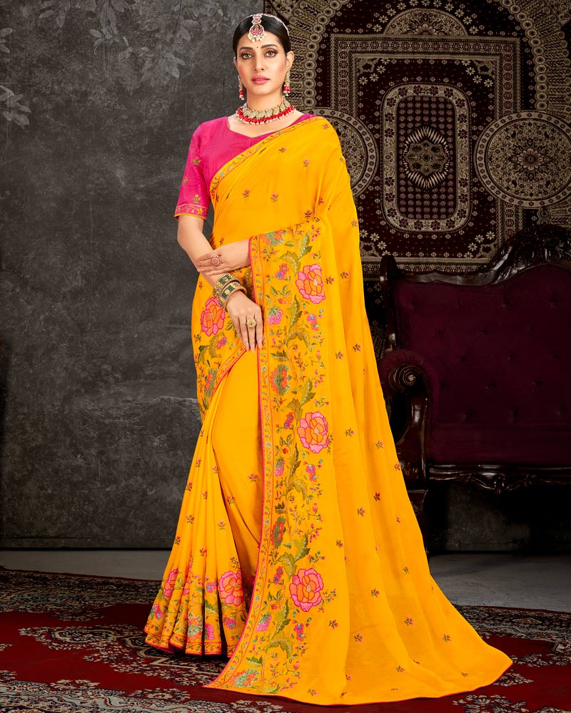 Vishal Prints Golden Yellow Fancy Chiffon Embroidery Work Saree With Core Piping