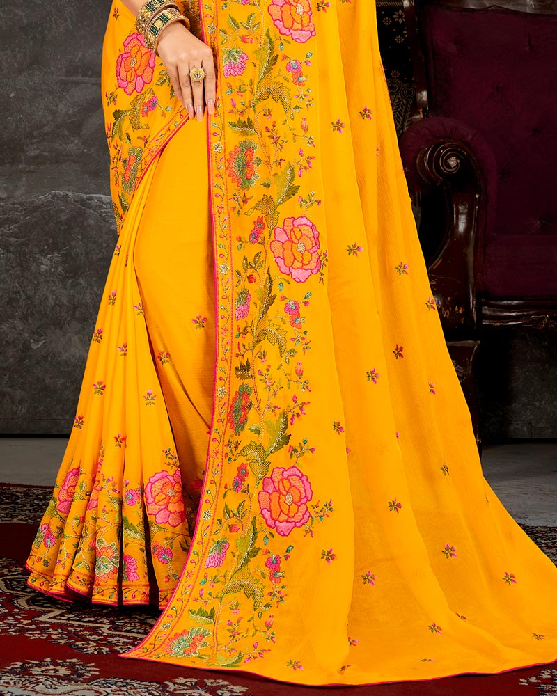 Vishal Prints Golden Yellow Fancy Chiffon Embroidery Work Saree With Core Piping