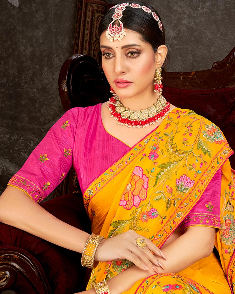 Vishal Prints Golden Yellow Fancy Chiffon Embroidery Work Saree With Core Piping
