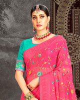Vishal Prints Red Pink Fancy Chiffon Embroidery Work Saree With Core Piping