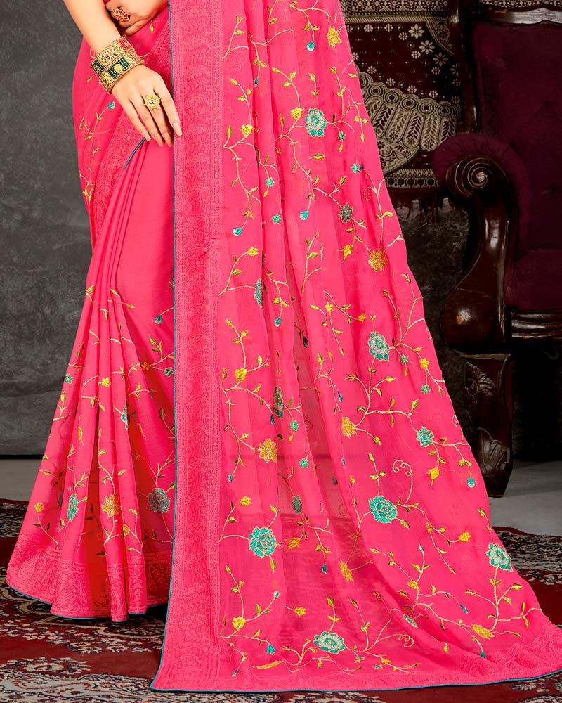 Vishal Prints Red Pink Fancy Chiffon Embroidery Work Saree With Core P