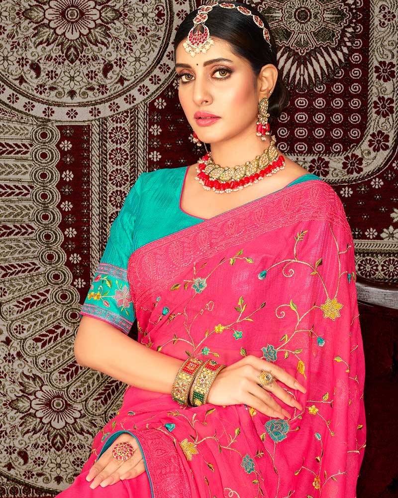 Vishal Prints Red Pink Fancy Chiffon Embroidery Work Saree With Core Piping