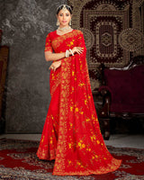 Vishal Prints Red Fancy Chiffon Embroidery Work Saree With Core Piping