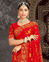 Vishal Prints Red Fancy Chiffon Embroidery Work Saree With Core Piping