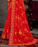 Vishal Prints Red Fancy Chiffon Embroidery Work Saree With Core Piping